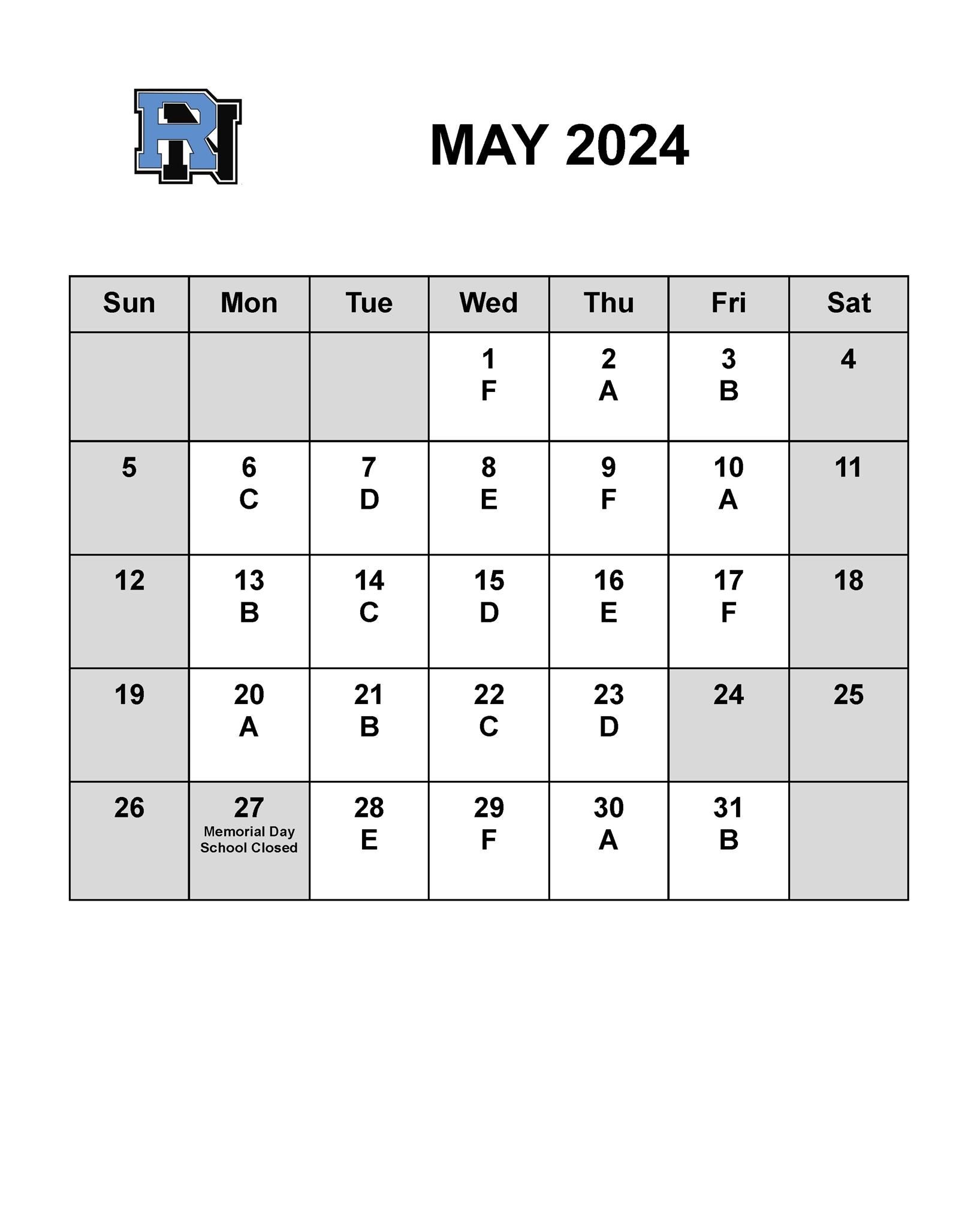 May Letter Day Calendar